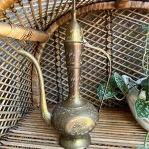 Brass Tea Pot Oil Genie Lamp Hand Etched Ornate Design 10.75"Tall